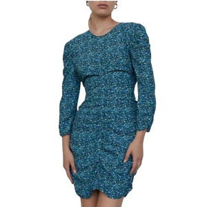 Zara Blue & White Floral Ruched Bodycon  Dress Mini Length Long Sleeve Medium
